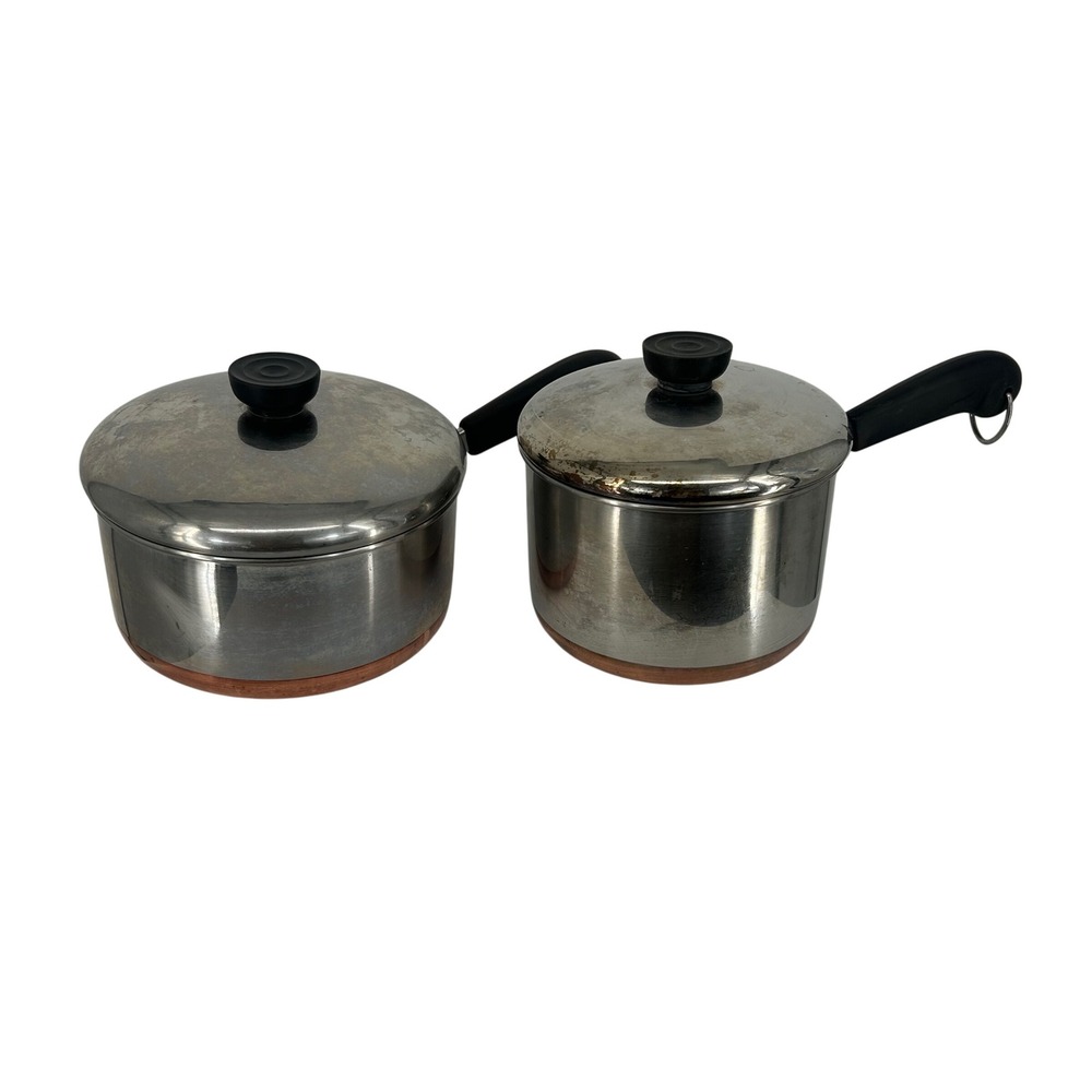 Vintage Revere Ware 2 Qt Copper Clad Bottom Saucepan Pot Set of 2 With Lids USA
